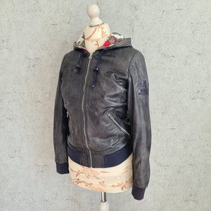 vintage Gris À Capuchon Cuir Bomber Veste 90s Veste En Cuir Véritable Zip Up Blazer Taille XS - S vintage Vêtements Unisexe