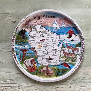 Plateau à boissons en métal vintage du WISCONSIN, assiette de service ronde souvenir rétro, plateau de 11 po. en métal à collectionner plateau en métal vintage
