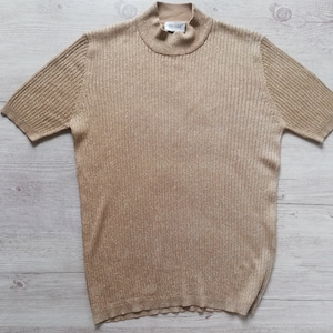 Vintage Metallic Gold Sweater Top Mock neck Top Women 90s Ribbed Knit Blouse Size S - M Vintage Clothing Women