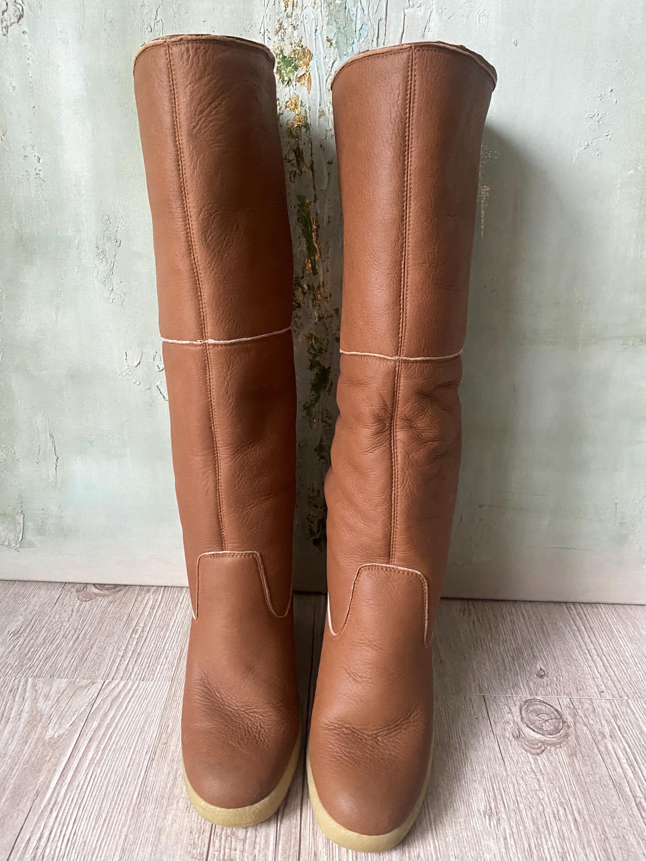 Vintage 70s Shearling Leather Wedge Boots - Tan Tall Winter Boots EU 37 ...