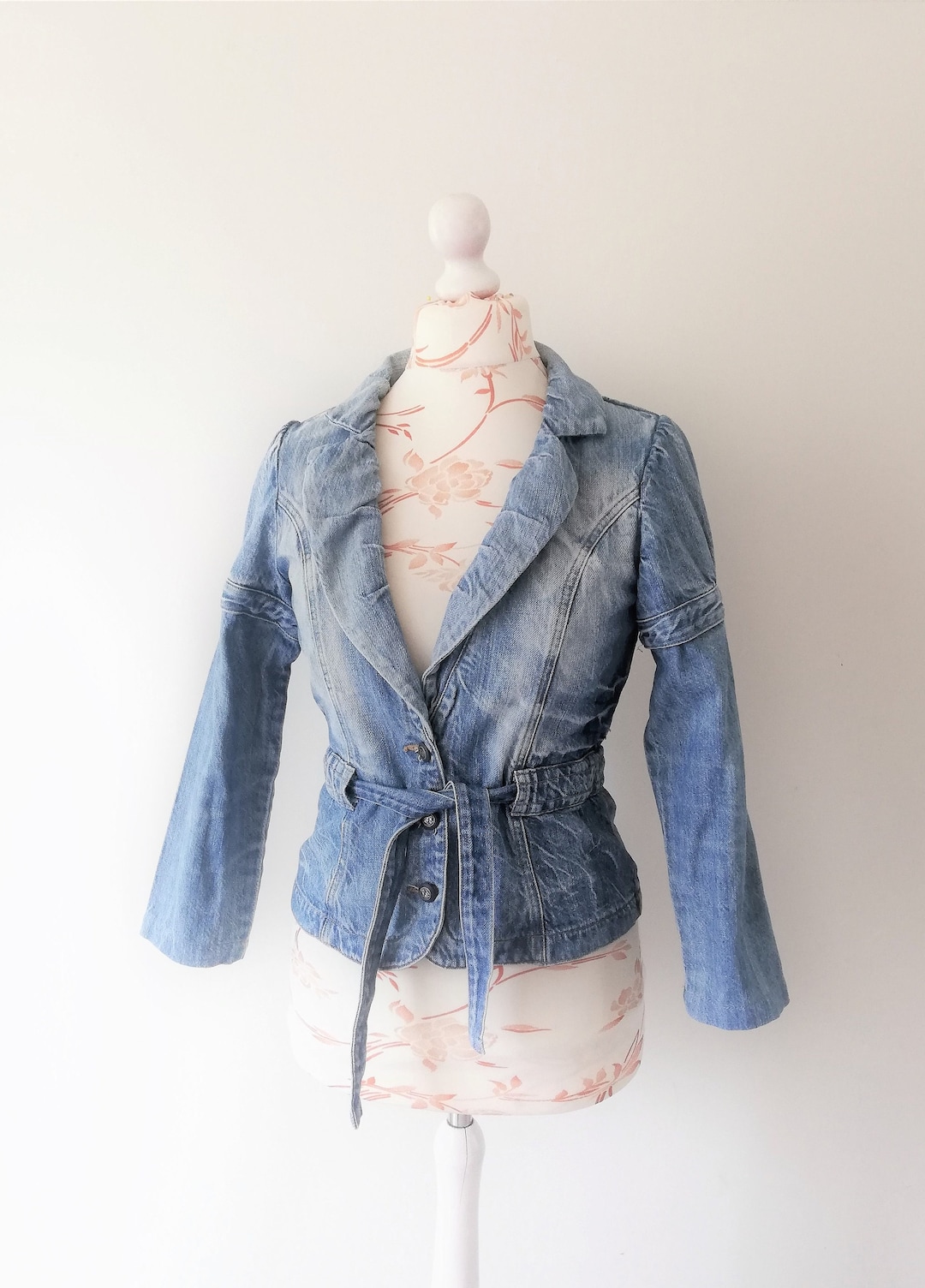 Women Black Washed Denim Belted Jacket