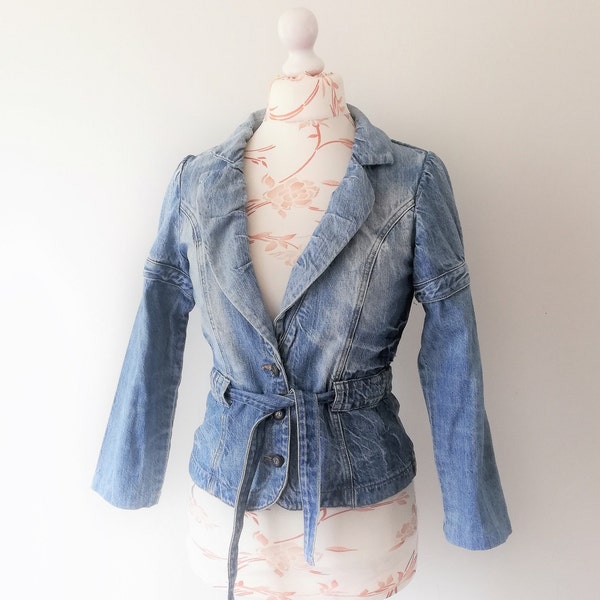 Vintage 90s Denim Blazer Jacket Women Fitted Lapel Collar Jacket Size XS BOHO Belted Denim Jacket Vintage Clothing Women