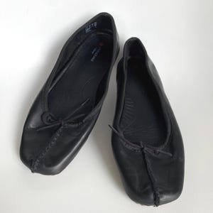 Vintage Black Genuine Leather Ballerinas Flats Loafers Size EU 38 / UK 5 / US 7.5 Low Heel Slip On Shoes Loafers Women&#39;s Flat Square Toe