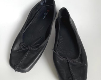 Vintage Black Genuine Leather Ballerinas Flats Loafers Size EU 38 / UK 5 / US 7.5 Low Heel Slip On Shoes Loafers Women&#39;s Flat Square Toe