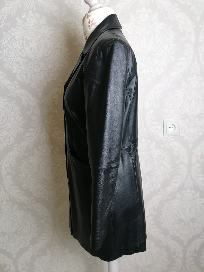 Vintage Leather Trench Coat Women Black Buttoned Leather Jacket Midi Length Fitted Coat Size M Medium Vintage clothing
