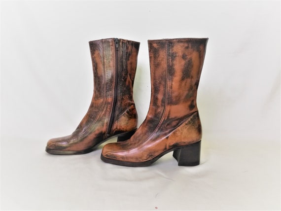 Vintage Chunky Ankle Boots / Shabby Style Brown Le