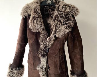 Vintage Penny Lane Wildleder Shearling Jacke Schokolade Braun Echtleder Patchwork Jacke Afghan Pelzkragen Boho Chic Jacke Größe XS/S