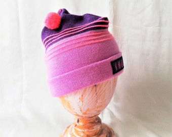 Vintage Winter Hat Purple Pink Strips Wool Acryl Knit Ski Beanie Warm Winter Knitted Hat Retro Winter Hat Made in Finland Vintage Clothing