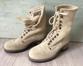 Botas de combate vintage de ante, botines beige con cordones (EUR 38 / UK 5 / US 6)