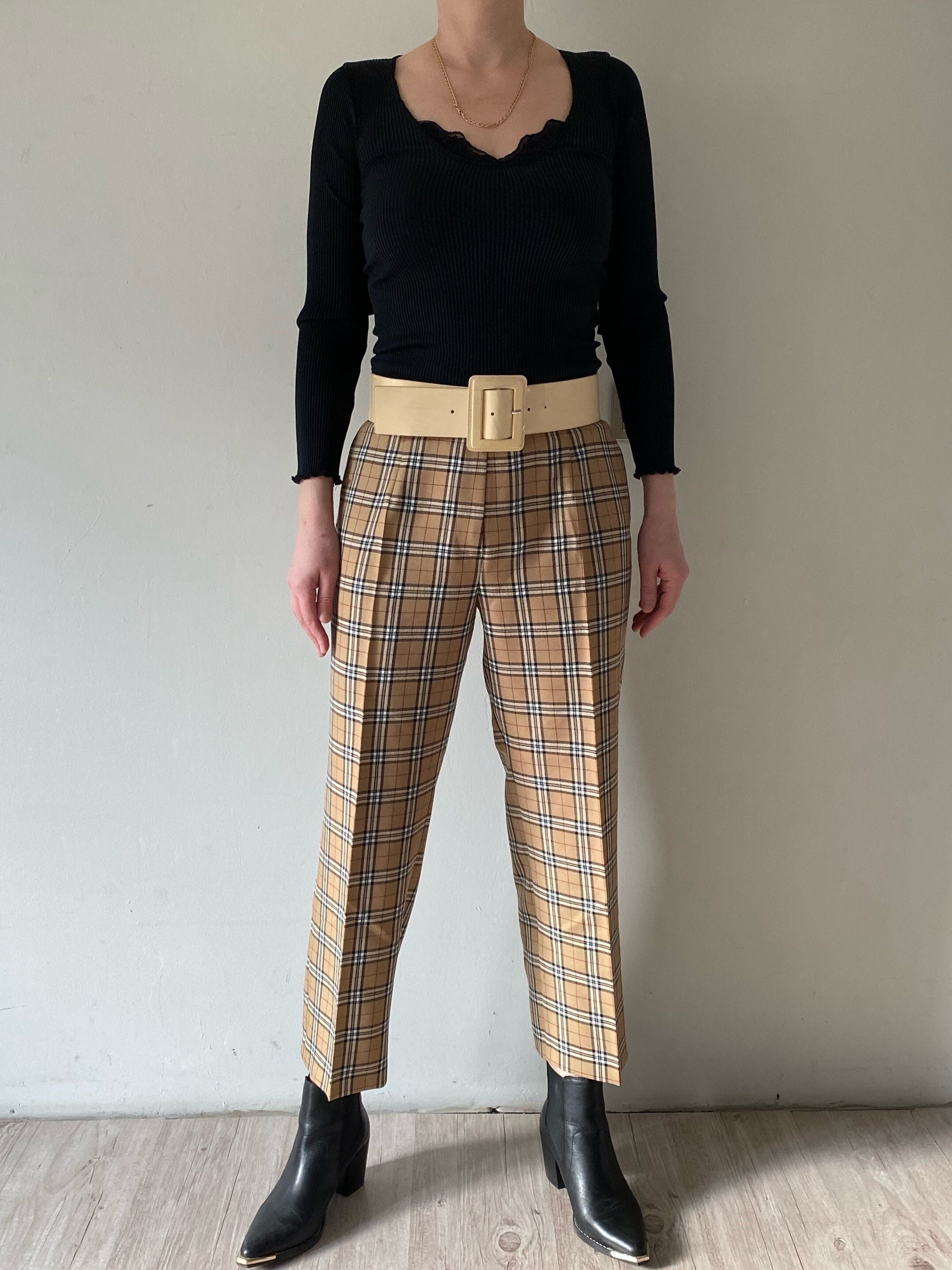 Vintage Plaid Trousers: 90s Beige Checkered Pants, Medium - Etsy