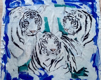 Tiger white blue Silk Scarf by Rare Rolf Knie
