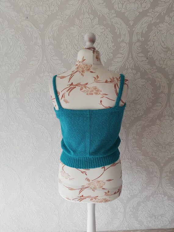 Vintage Turquoise knit Top Women Knitted Crop Tan… - image 2