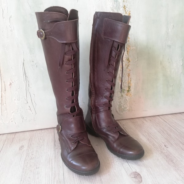 Y2K Lace up Boots Brown Genuine Leather Flat Knee High Boots Metal Buckle EU 36 / UK 3.5 / US 5.5