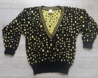 Vintage Mondi V-Neck Sweater: Black & Yellow Knit, Made in W. Germany