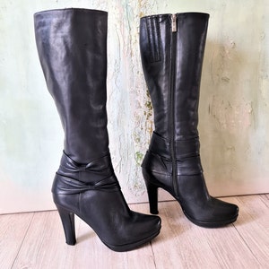 Vintage zwart lederen platform kniehoge laarzen dames 90s hoge hakken laarzen damesmaat EU 36 / UK 3,5 / VS 5,5 laarzen dames zwart
