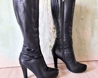 Vintage Black Leather Knee High Boots: 90s Platform Heels (EU 36 / US 5.5)