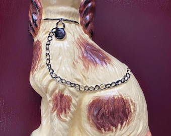 Antique Yellowware Pottery Spaniel Dog Doorstop, Bennington Glaze