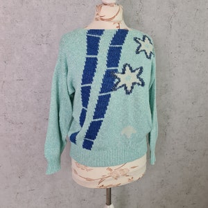 Vintage Light Blue Knit Sweater Women 80s Floral Long Sleeve Knit Crop Sweater Retro Sweater Size XS to S Vintage Clothing Women