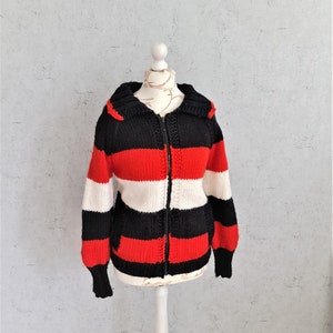 Vintage Chunky Knit Wool Cardigan Sweater Women Striped Zip Up Cardigan Sweater Size Medium Vintage Clothing