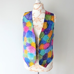 Vintage Floral Silk Vest: Hand-Painted Colorful Waistcoat, Size L