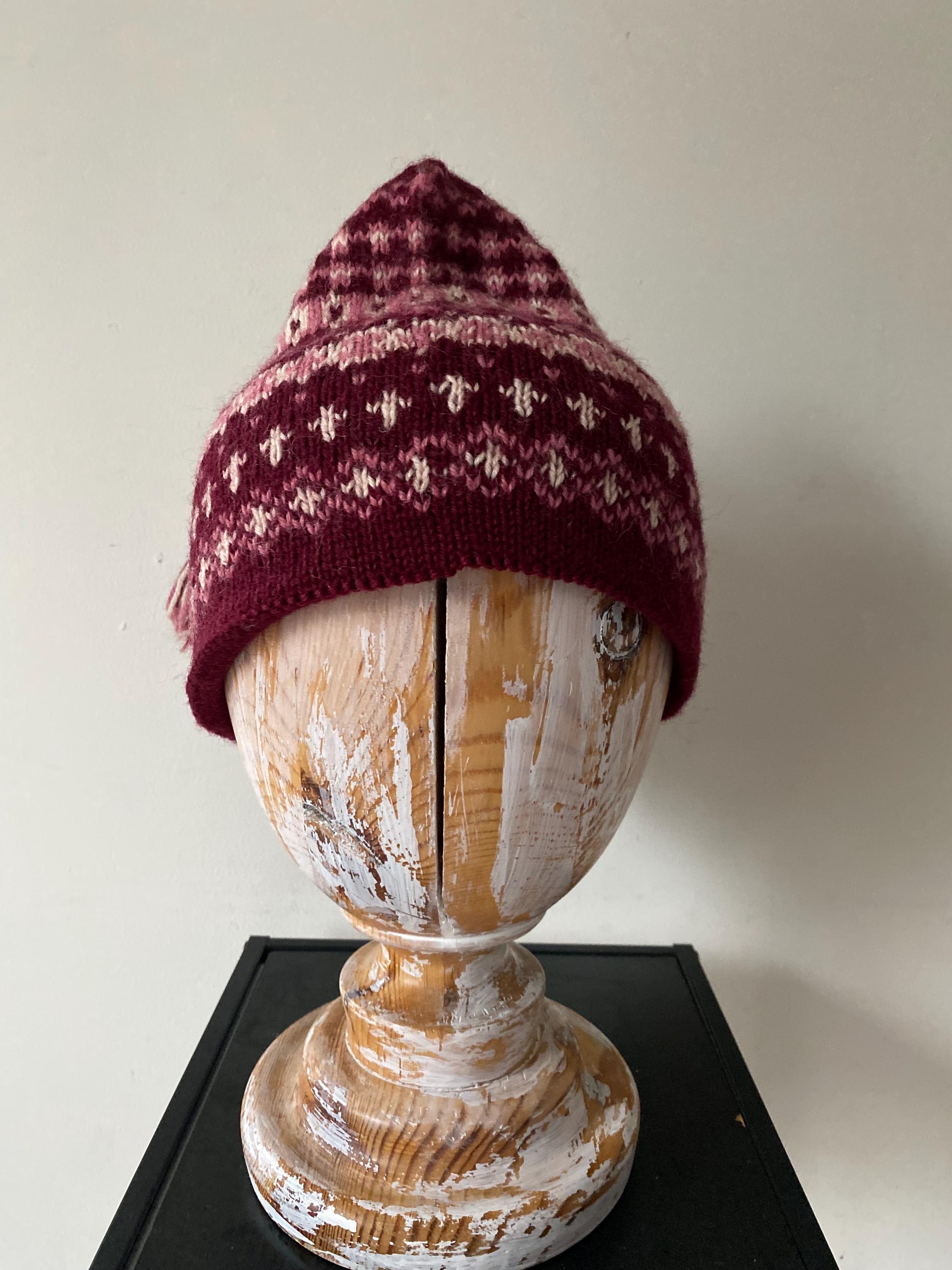 Vintage Wool Knit Ski Hat: Burgundy Patterned Winter Cap - Etsy