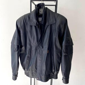Vintage 90s Black Leather Bomber Jacket Men Genuine Leather Distressed bomber leather Grunge Men Size Medium 90s Vintage Clothing Men