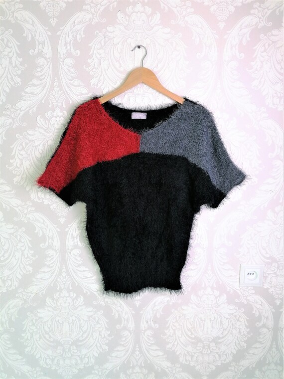 Vintage Colorblock Fluffy Knit Top Short Sleeve K… - image 9