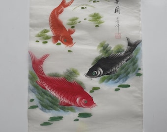 Vintage Koi Fish Color Ink Painting on Silk: Oriental Art Hanging Scroll