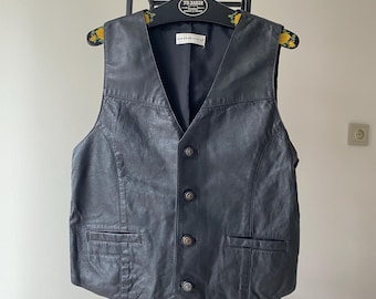Vintage Black Leather Biker Vest – Men's Motorcycle Waistcoat (Size Small)