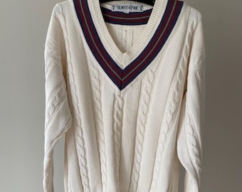 Vintage White Cable Knit Cotton V-Neck Sweater (Size Medium) – Athletic Sport Jumper