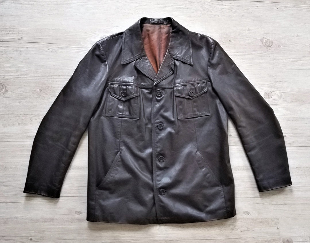 70s Dark Brown Leather Coat Men's Black Classic Leather Blazer Genuine