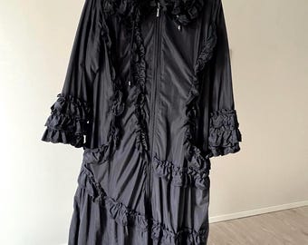 Vintage Black Ruffle Maxi Coat Victorian Frill Gothic Long Hooded Coat