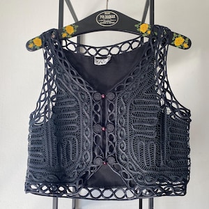 Vintage Black Lace Cropped Sleeveless Vest Waistcoat Women Size Small Bonnet Crothet Button Up Vest Boho Chic Clothing Women
