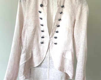 Blush Pink Linen Military Jacket | Hussar Style Blazer | Vintage Inspired Open Front Coat | Stand Up Collar | Size M