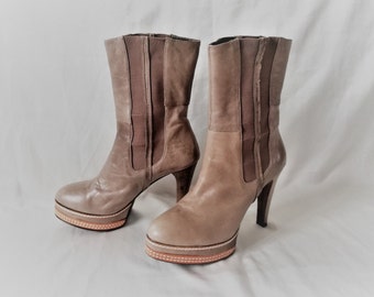 Nuss Braun Leder Plateau Stiefeletten Damen High Heel Spitze Zehen Stilettos Stiefel Größe EU 37 / US 6 / UK 4 Echtleder Ankle Boots