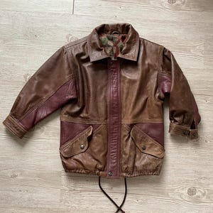 Veste vintage en cuir véritable pour enfants des années 80 Shabby Chic, marron, bordeaux, color block, veste en cuir pour enfants fabriquée en Suède, vêtements vintage pour enfants