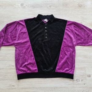Vintage 80s Velour Colorblock Sweater: Oversized Quarter Button Sweatshirt