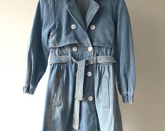 Vintage Light Blue Denim Trench Coat: Women's Belted Jacket, Size Small