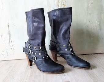 Dark Grey Leather Pull On boots Stud Buckle Ankle Boots Womens Buckle Strap Boots Rivets Heel Half Boots Size EU 39,5 / US 9 / UK 7