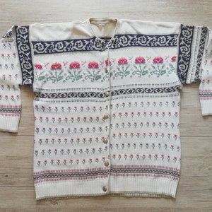 Vintage Knit Cardigan White Floral Knit Cardigan Cotton Knit Cardigan Sweater Women Boho Cardigan Sweater Size Large Vintage Clothing Women