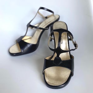Vintage schwarze Leder T-Riemen High Heel Sandalen - EU 38.5 / US 8