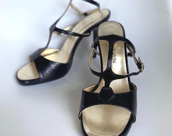 Vintage Black Leather T-Strap High Heel Sandals - EU 38.5 / US 8