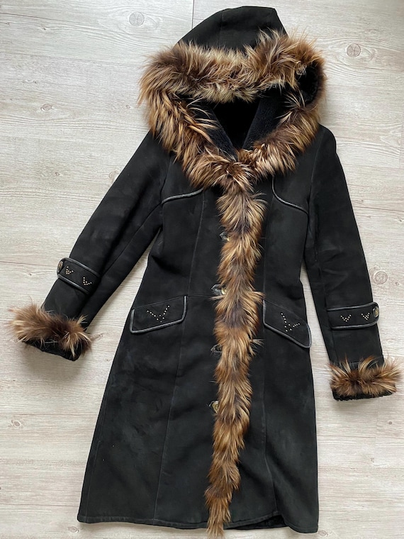 Vintage Penny Lane Coat Suede Shearling Coat Black Genuine Leather