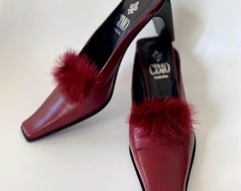 Vintage Burgundy Leather Mules with Fur Trim | Made in Italy / Size IT 36