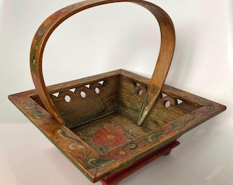 Antique Rosemaling Wooden Basket, Norwegian Sendingskurv Handpainted Floral Folk Art Decor
