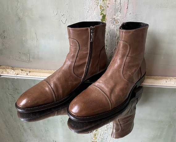 Vintage Brown Ankle Boots Men Nut Brown Genuine Leather Low Heel Boots Size Men US 9 UK 8.5 EUR 42 Made in Italy Vintage Clothing Men Etsy UK