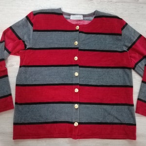 Vintage Striped Velvet Cardigan Women Button Up Jacket Sweater Velour Cardigan Oversize Size Large Made in France Vintage clothing Women