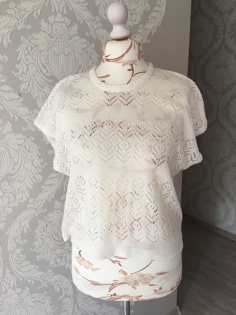Vintage 80s Striped Lace Knitted Top Women Drop Shoulder White Knit Top Size Medium Trendy clothes