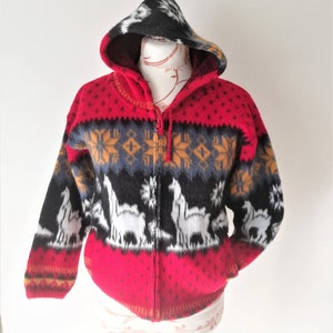 Vintage Wool Cardigan Sweater: Aztec Llama Hooded Jacket, Size Small
