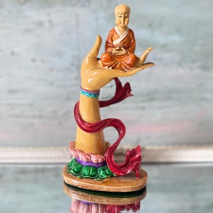 Vintage Hand Painted Buddha Monk Statue: Resin Lotus Figurine